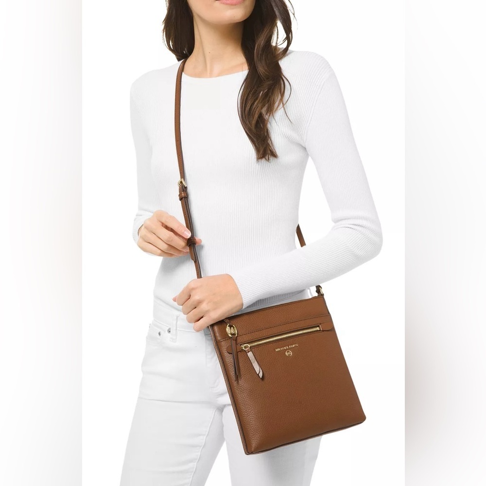 MICHAEL KORS JS Pebbled Leather Flat Crossbody Luggage Brown Bag AUTHENTIC - Picture 3 of 16